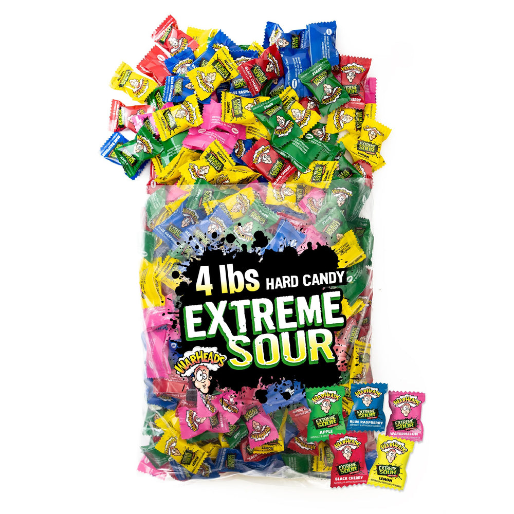 Warheads front packaging showing 4 lb bulk bag and assorted flavors for shared snacking