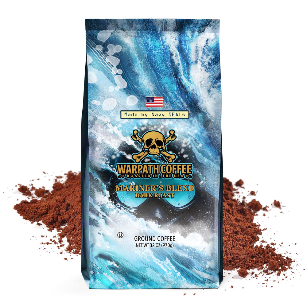 Warpath Coffee label close-up on Mariner's Blend emphasizing dark roast details