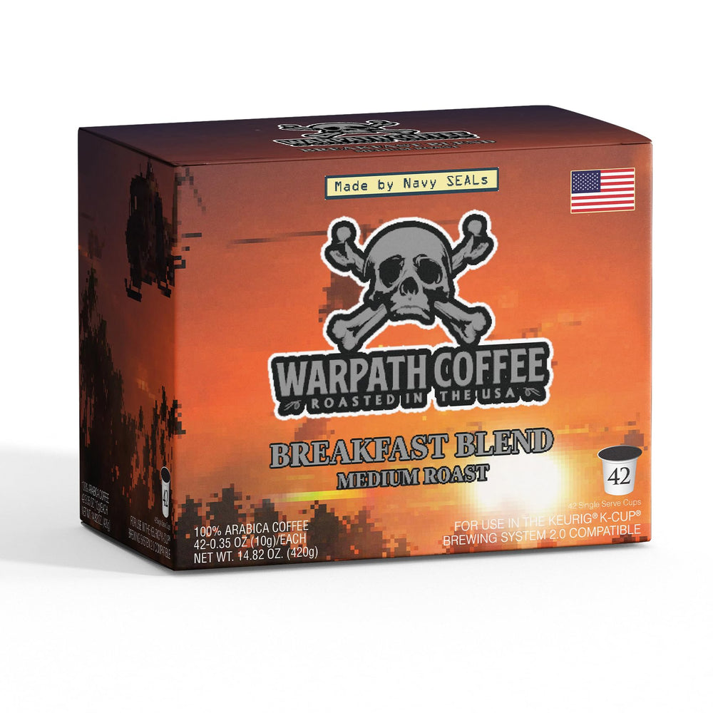 Warpath Coffee box front showing Breakfast Blend 42-count pods and bold packaging for dependable mornings