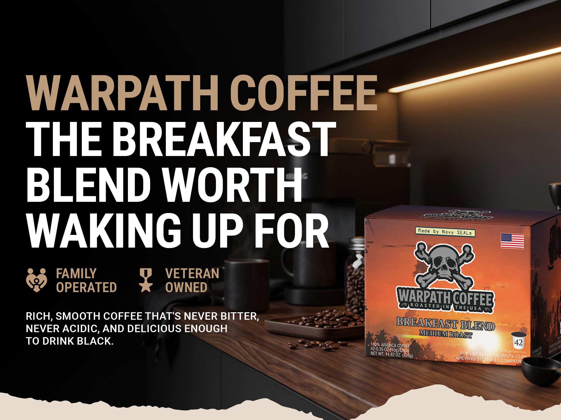 Close-up of a Warpath Coffee K-Cup pod showing seal and roast detail for fresh single-serve brewing