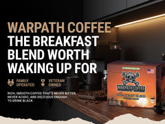 Close-up of a Warpath Coffee K-Cup pod showing seal and roast detail for fresh single-serve brewing