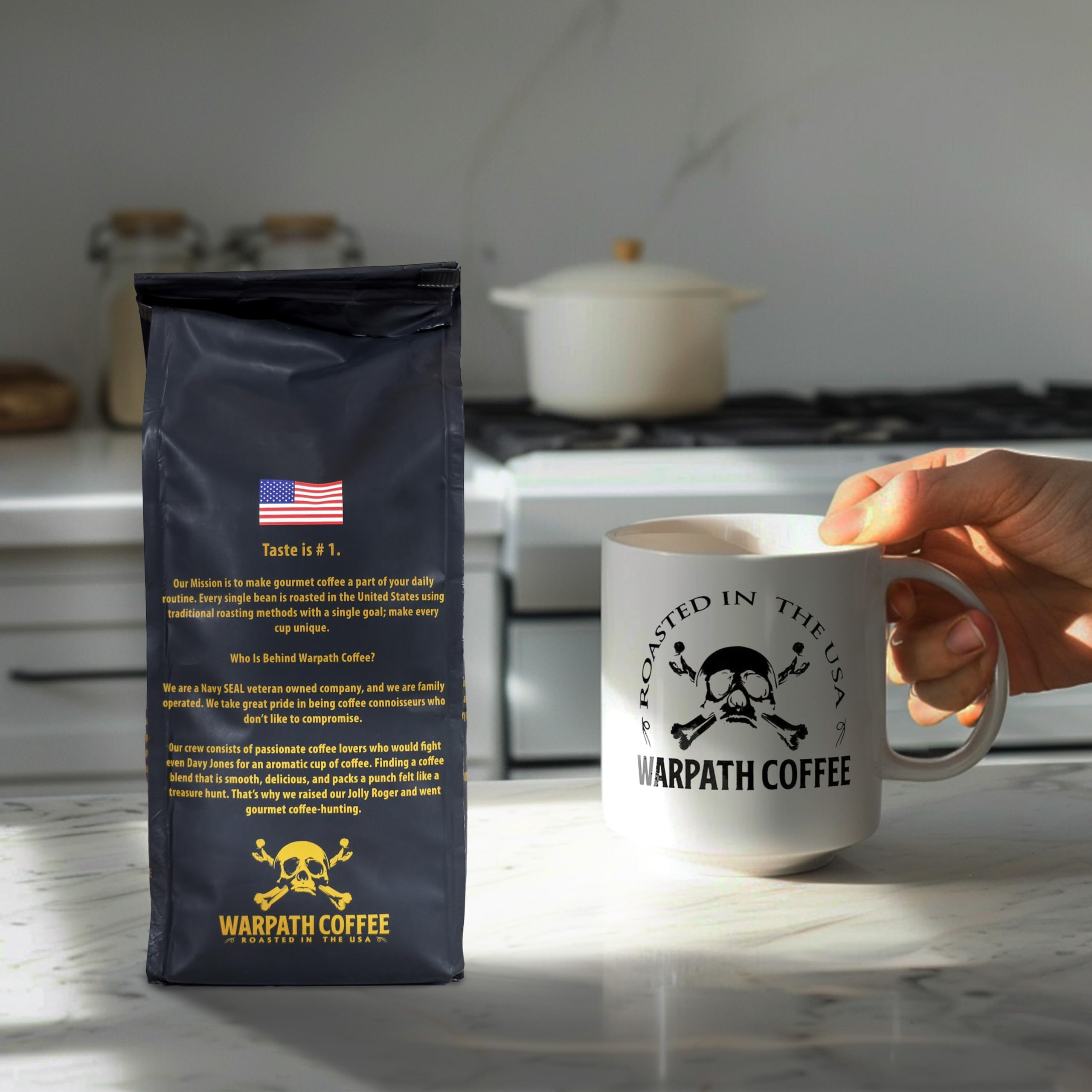 Warpath Coffee bag closeup highlighting roast profile and aroma for quality assurance
