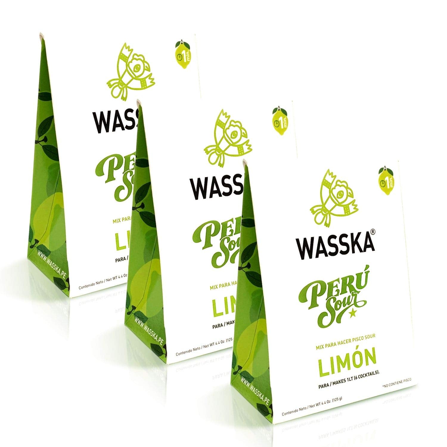 Wasska front packaging showing three limon 4.4 oz packets, convenient cocktail mix