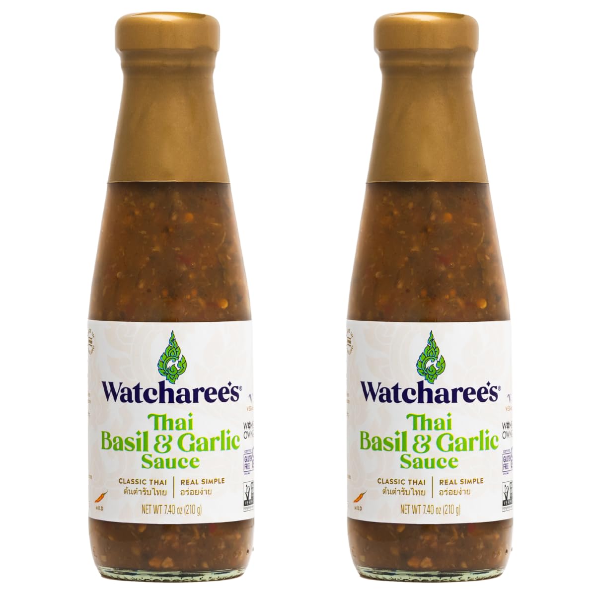 WATCHAREE'S front label bottle showing product name and clear basil imagery for recognition