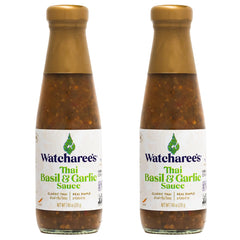 WATCHAREE'S front label bottle showing product name and clear basil imagery for recognition