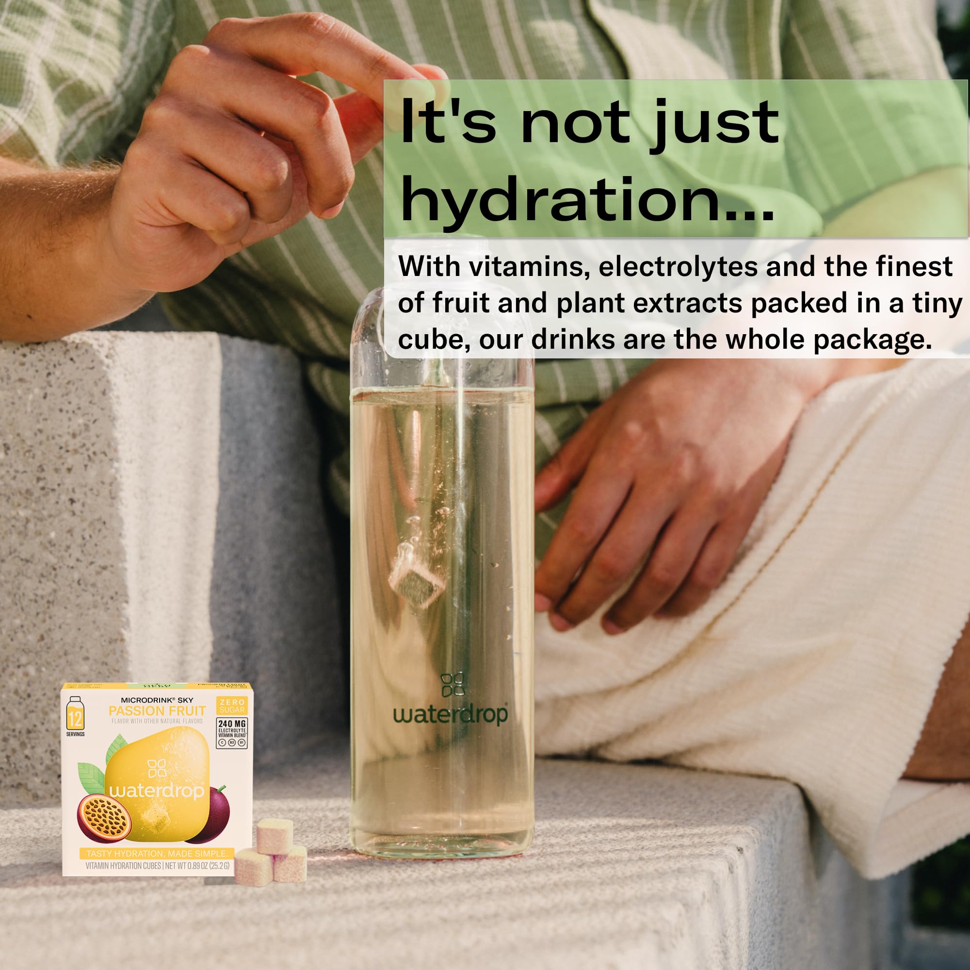 waterdrop cube mid-dissolve in sparkling water showing fast infusion benefit