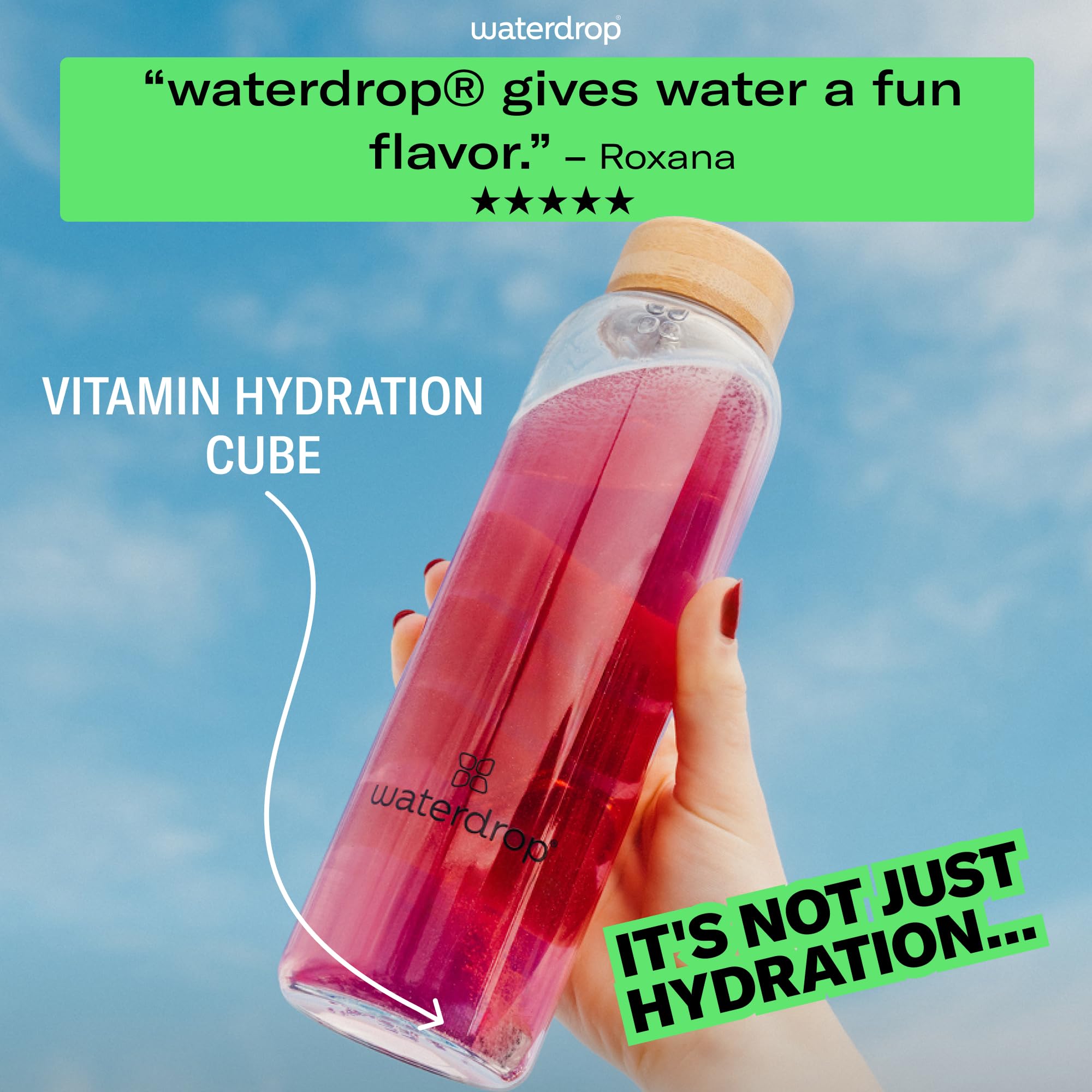 waterdrop cube dissolving in sparkling water for instant flavor boost