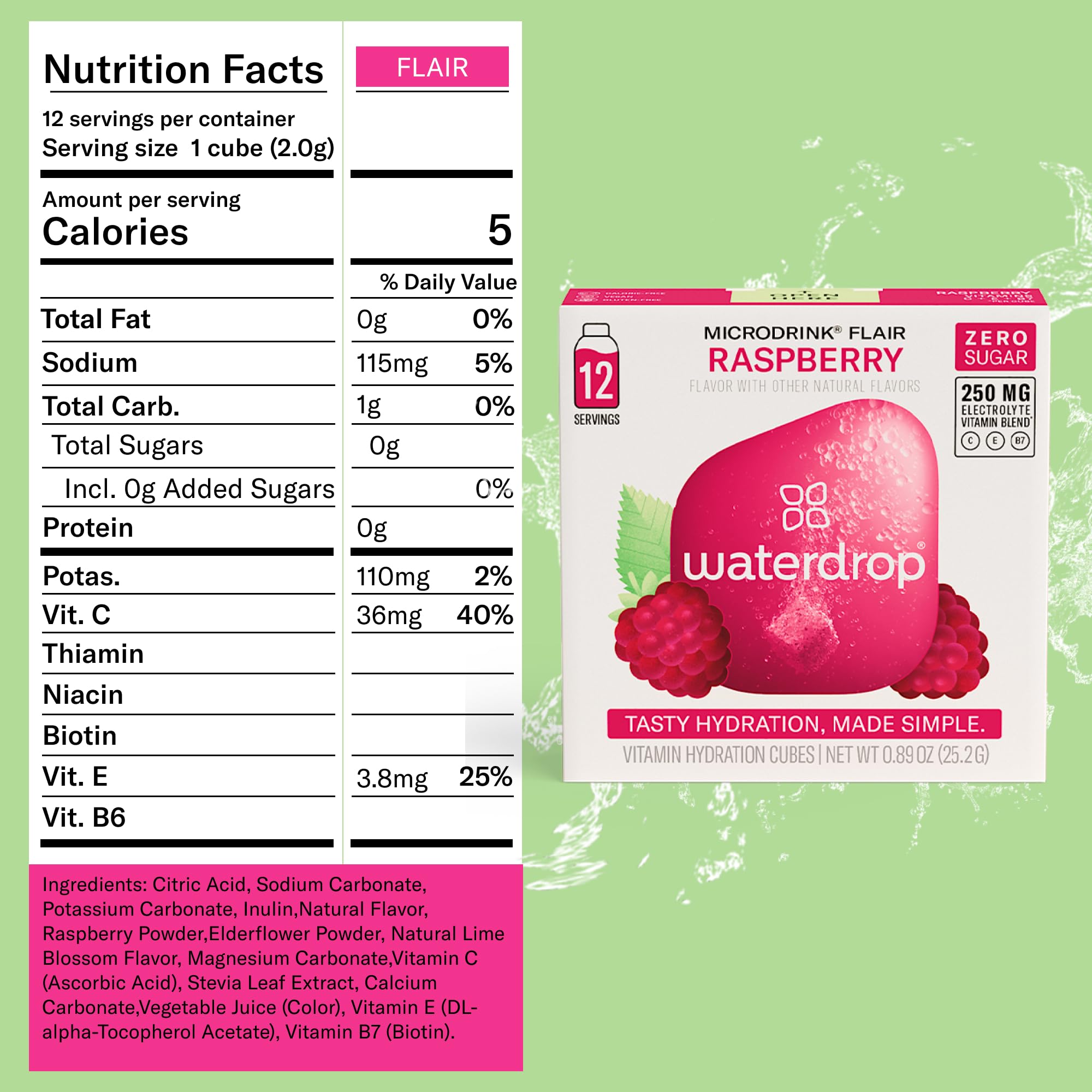 waterdrop MICRODRINK product label showing vitamins and gluten-free ingredients