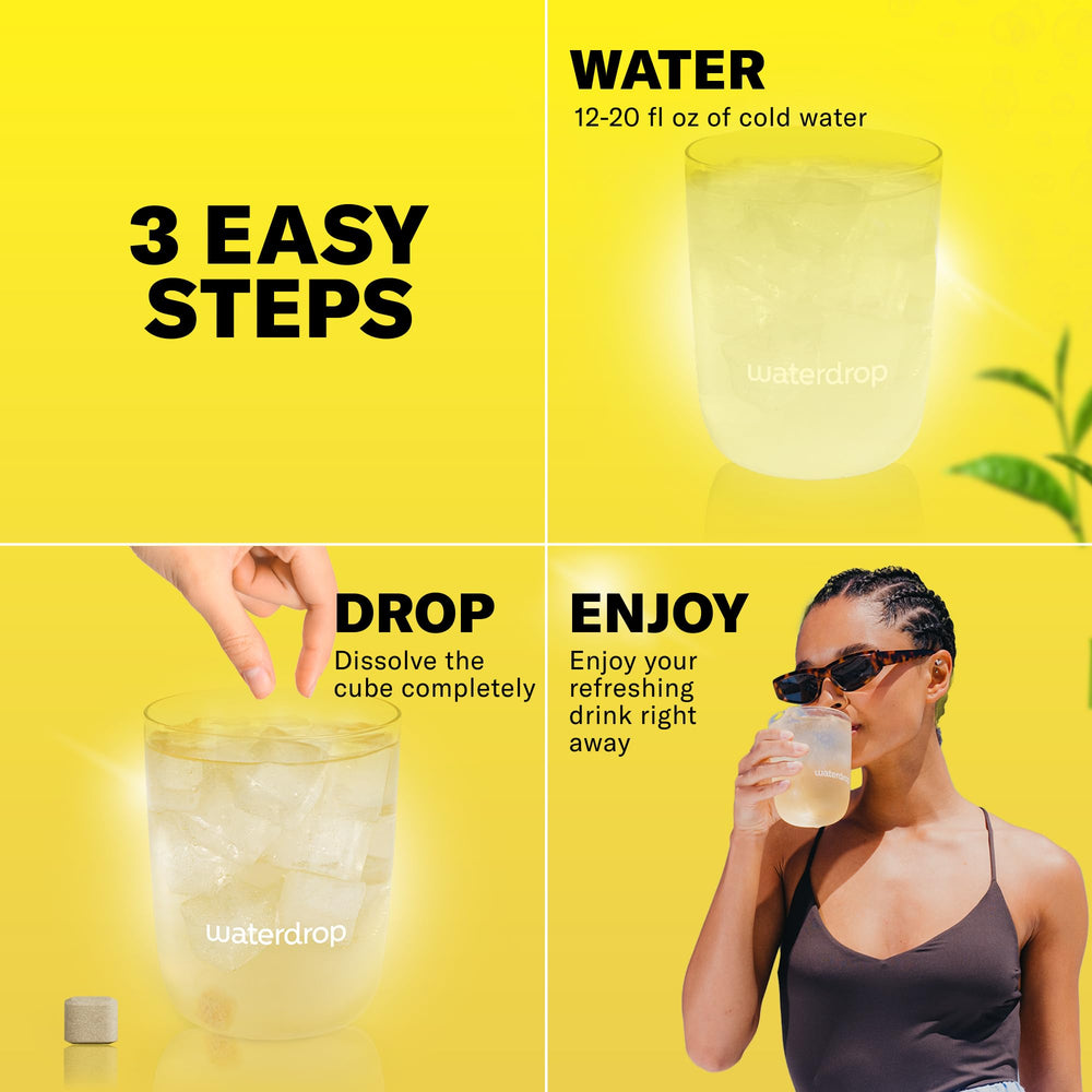 waterdrop MICRODRINK cube beside 16oz bottle for serving size comparison