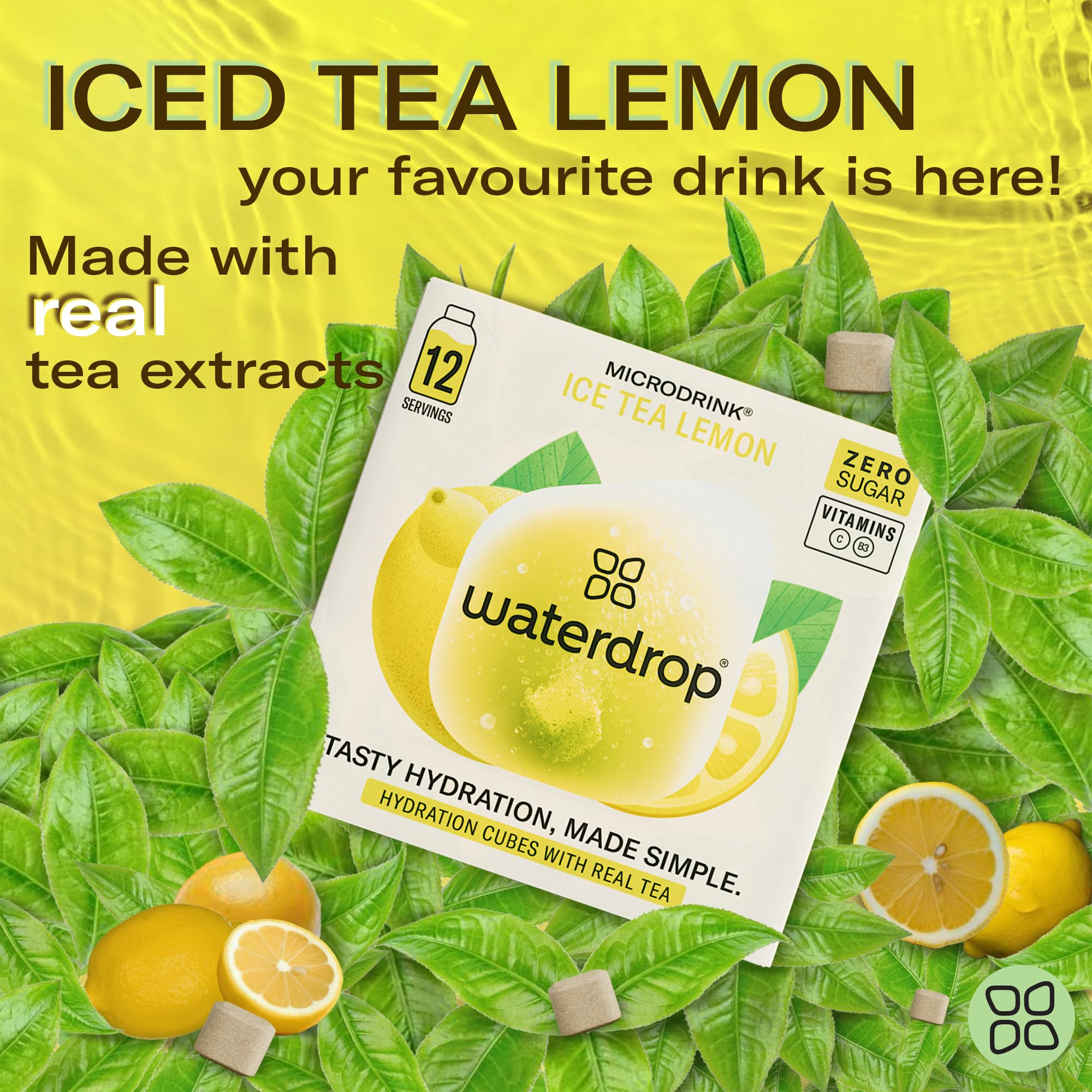 waterdrop MICRODRINK close-up of a single Iced Tea Lemon cube texture and size