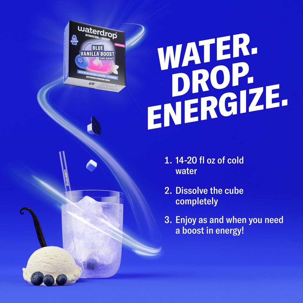 waterdrop MICRODRINK cube next to a glass for scale showing single-serve convenience benefit