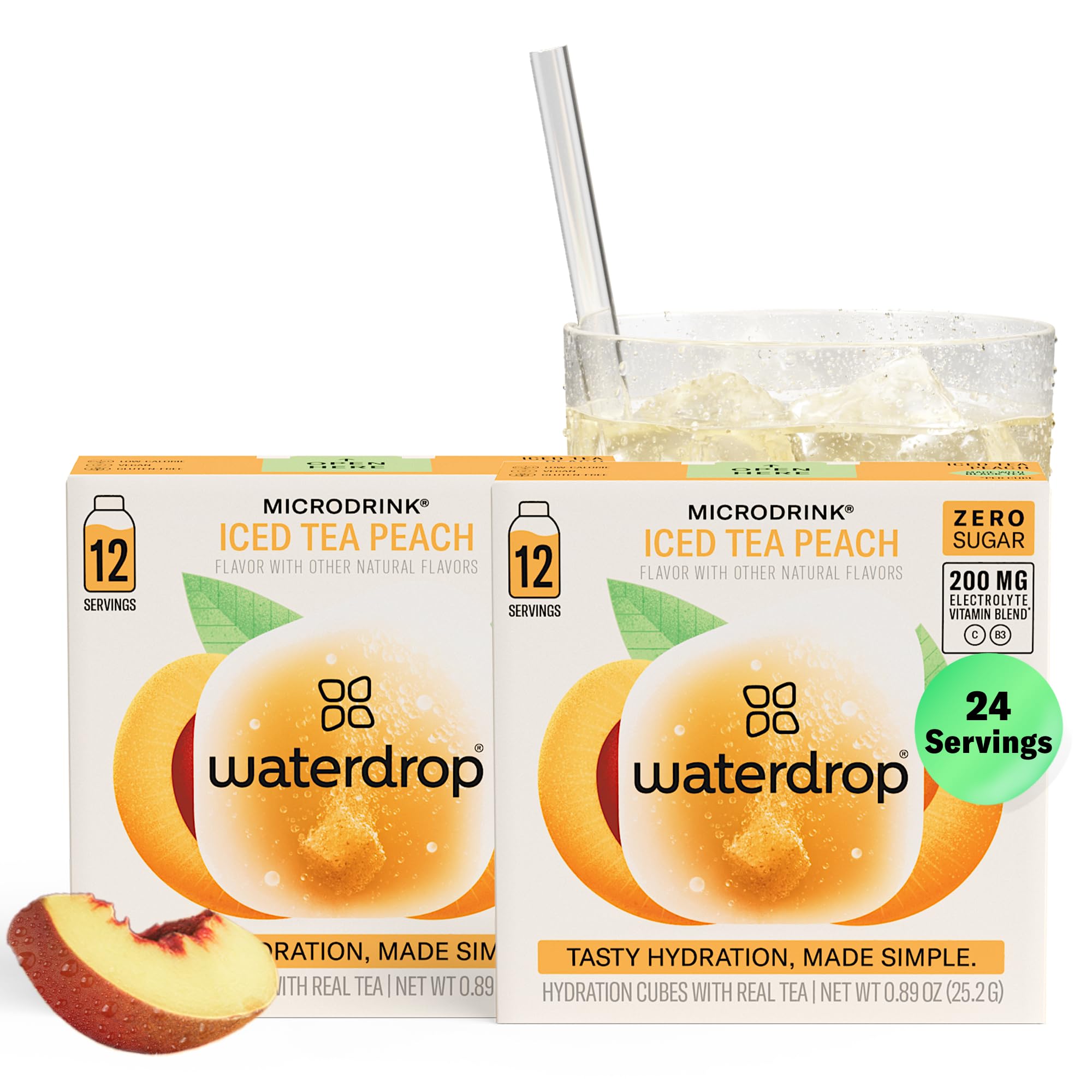 waterdrop MICRODRINK front packaging showing peach iced tea flavor and 24 count benefit