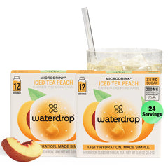 waterdrop MICRODRINK front packaging showing peach iced tea flavor and 24 count benefit