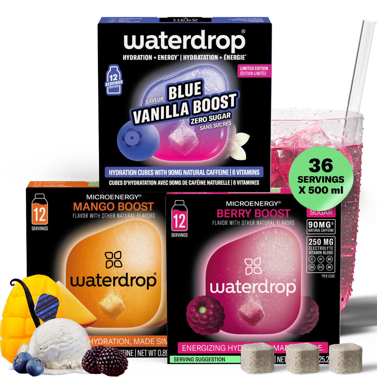 waterdrop MICRODRINK front packaging showing 36 cubes and energy branding benefit portability