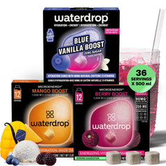 waterdrop MICRODRINK front packaging showing 36 cubes and energy branding benefit portability