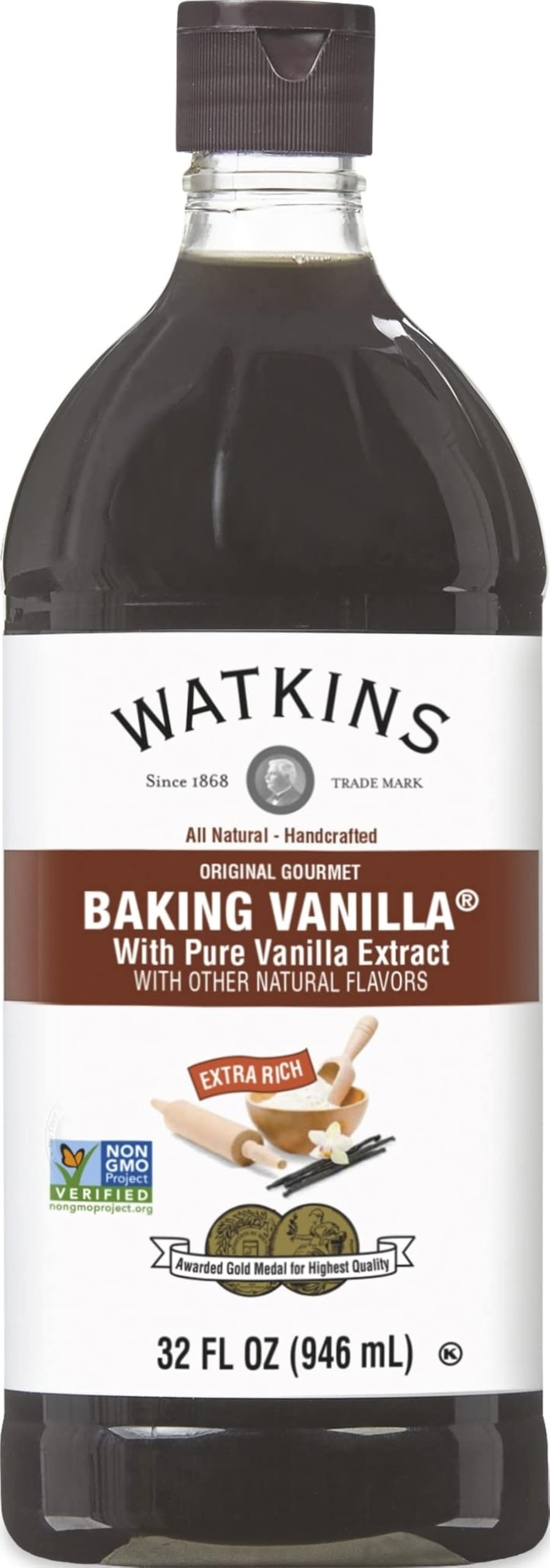 Watkins bottle front view showing brand and large economy size for value