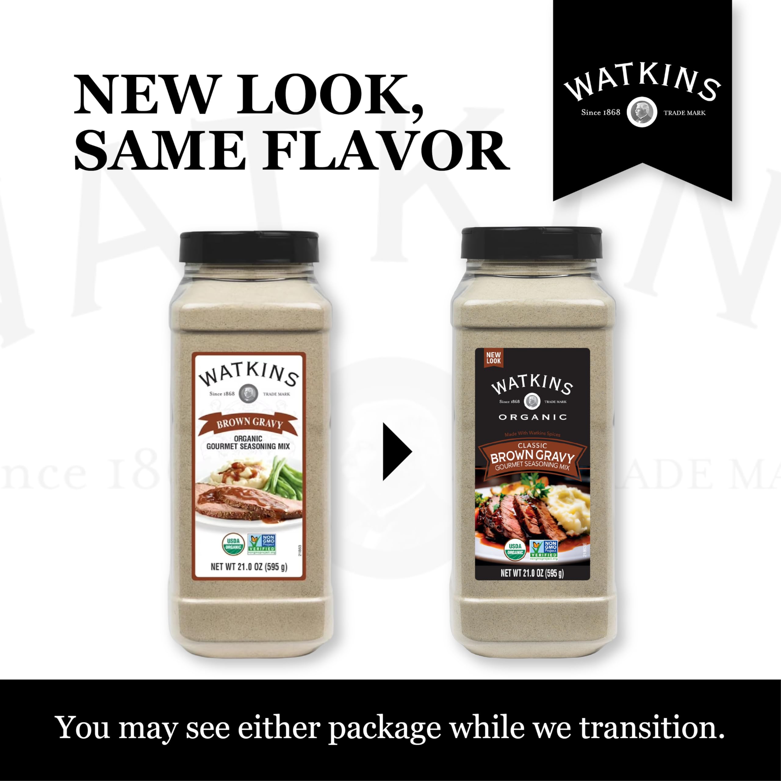Watkins poured brown gravy close-up displaying rich texture and quick-serve appeal