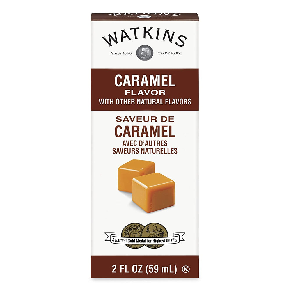 Watkins caramel extract pouring into bowl close-up demonstrates easy blending and consistent flavor