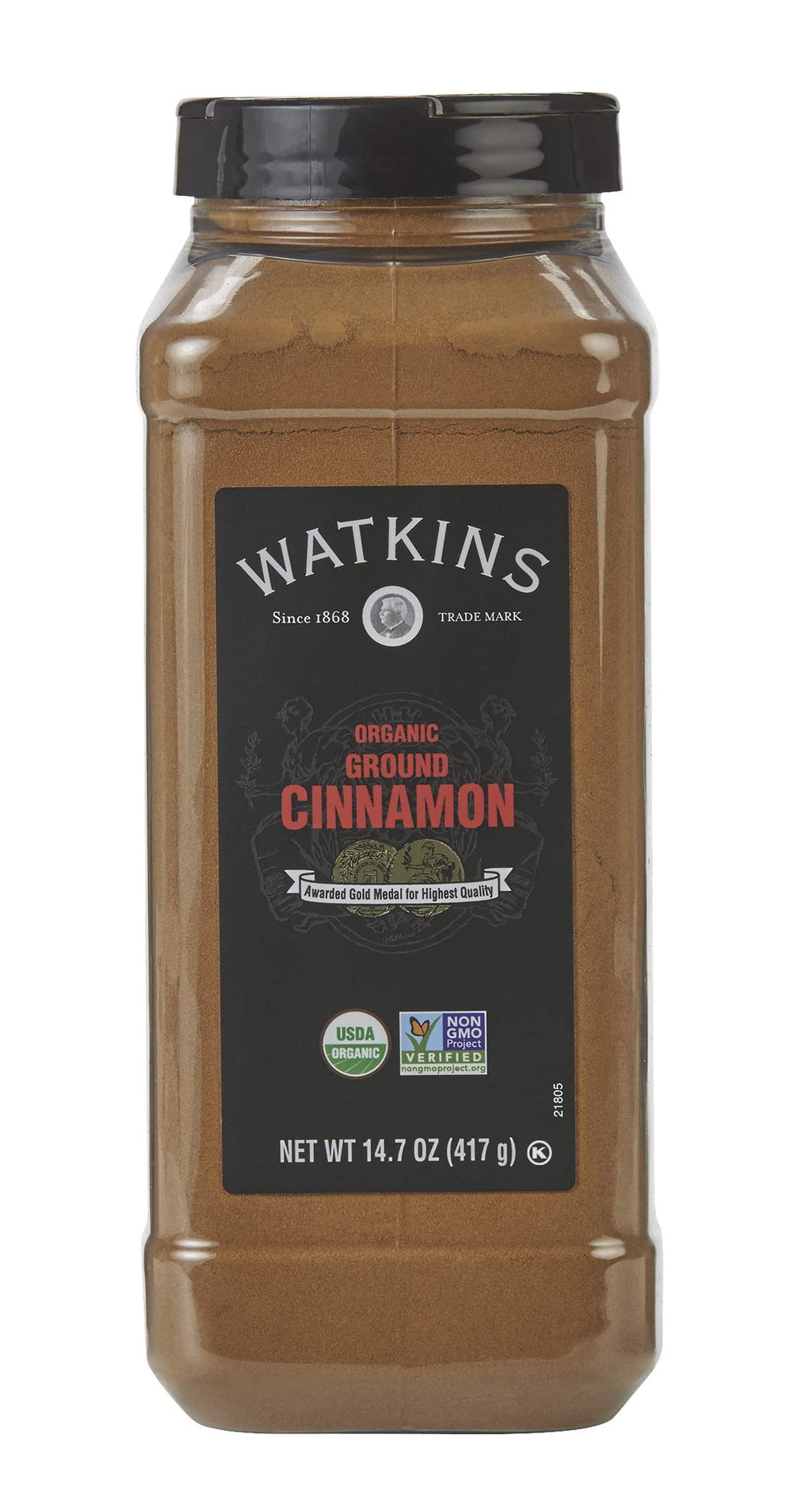 Watkins front packaging showing organic cinnamon and clear size labeling for bulk use