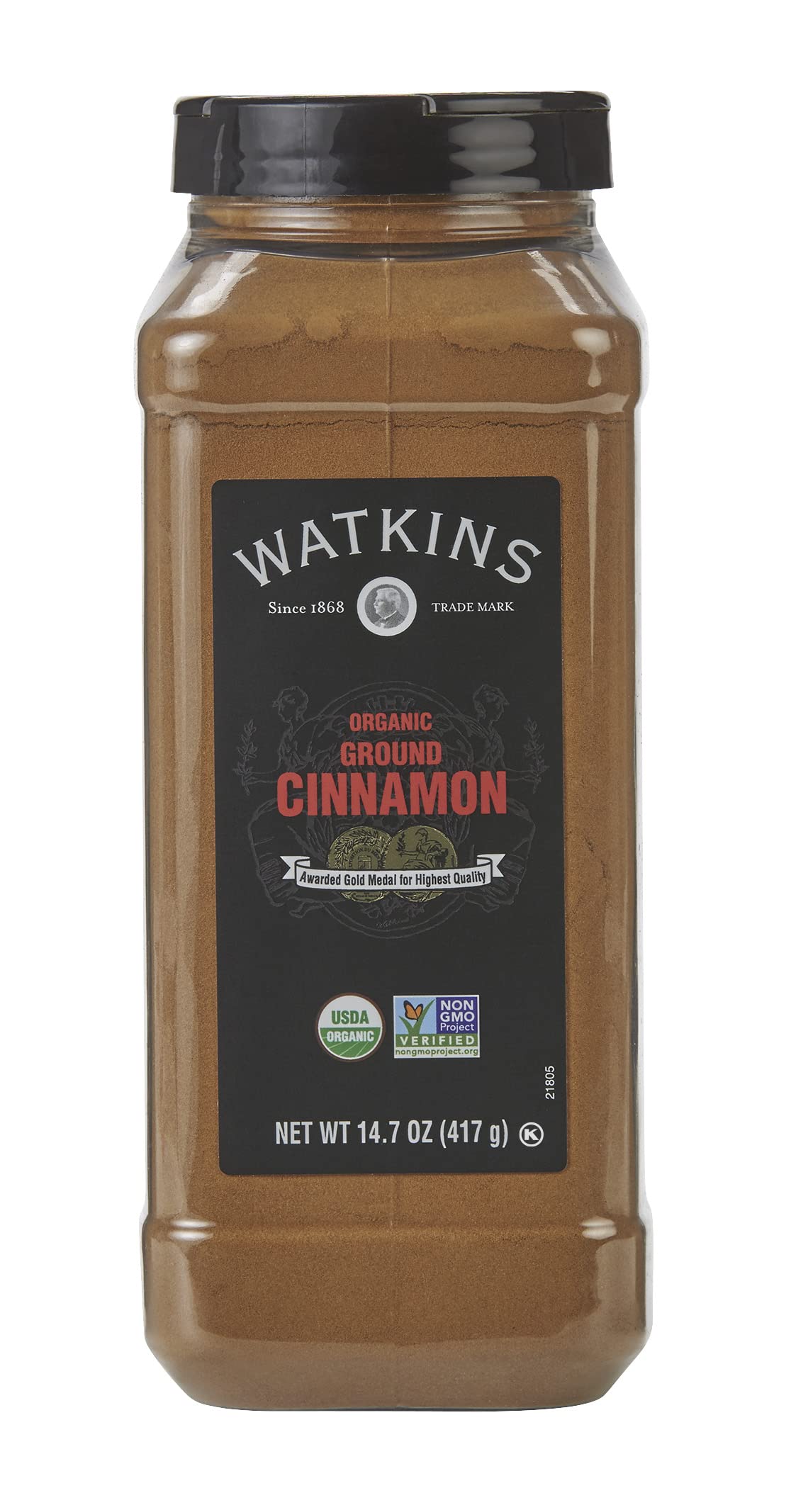 Watkins front packaging showing organic cinnamon and clear size labeling for bulk use