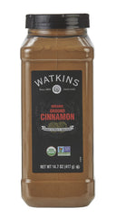 Watkins front packaging showing organic cinnamon and clear size labeling for bulk use