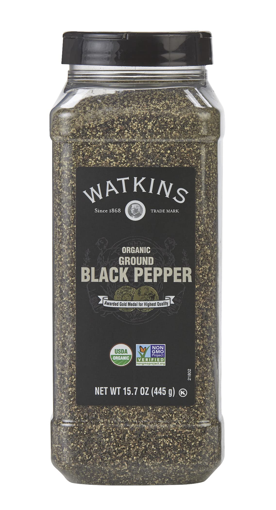Watkins ground black pepper front packaging showing organic label and bulk size benefit
