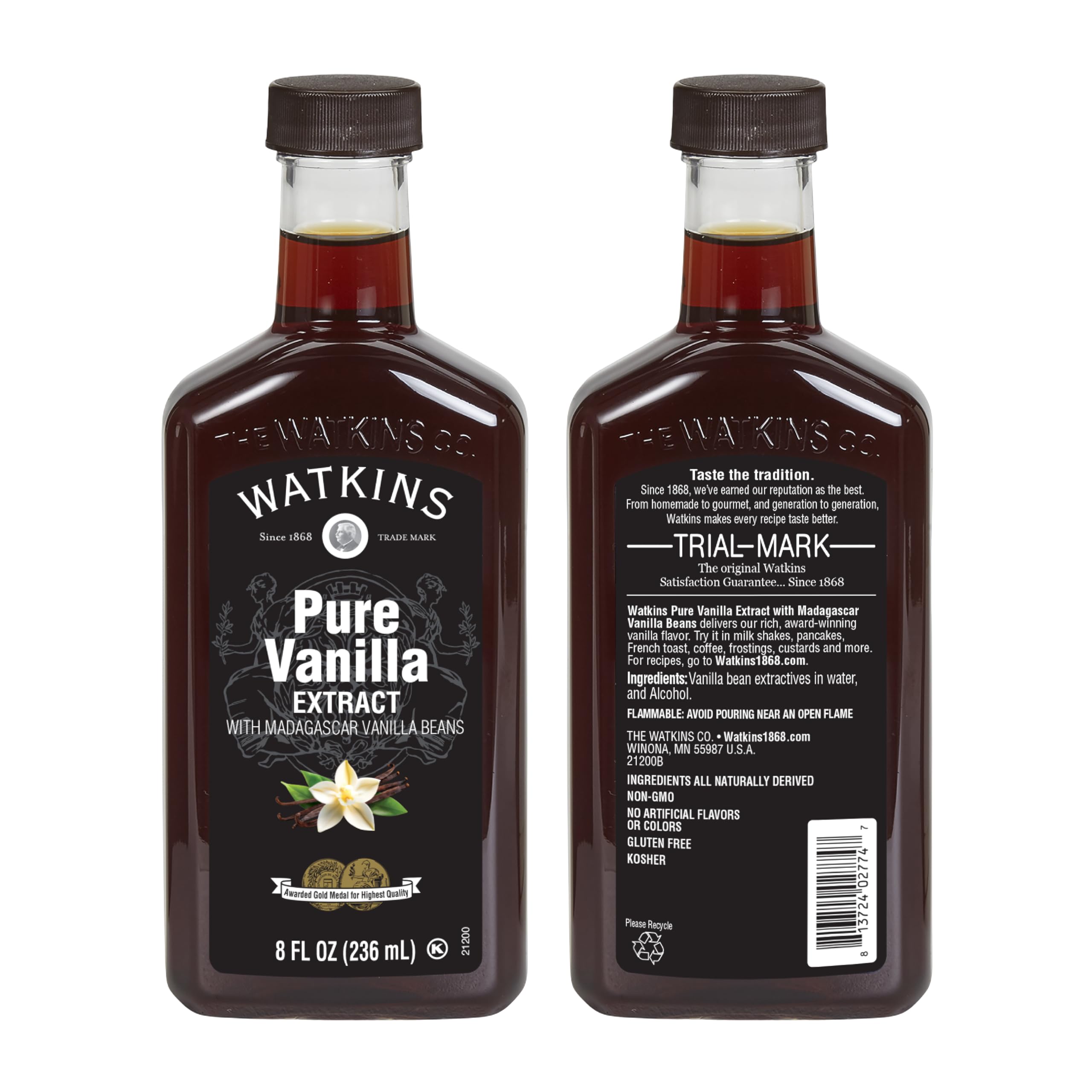 Watkins label closeup highlighting Madagascar vanilla origin and quality