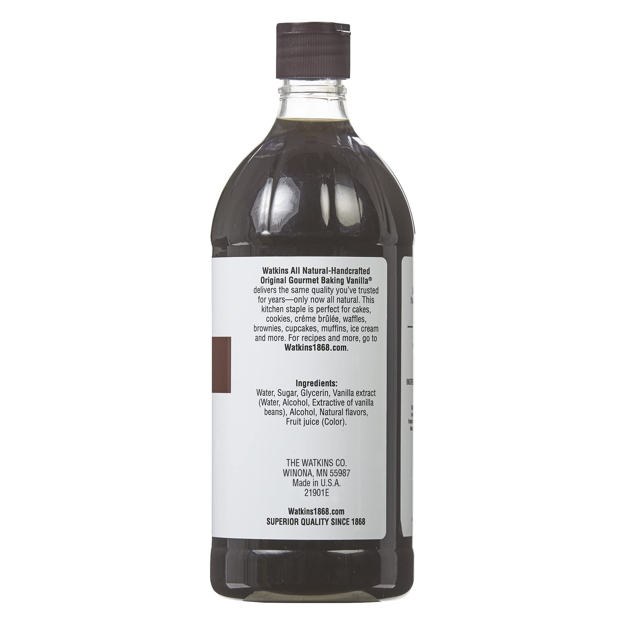 Watkins label closeup highlighting ingredients and no artificial colors benefit