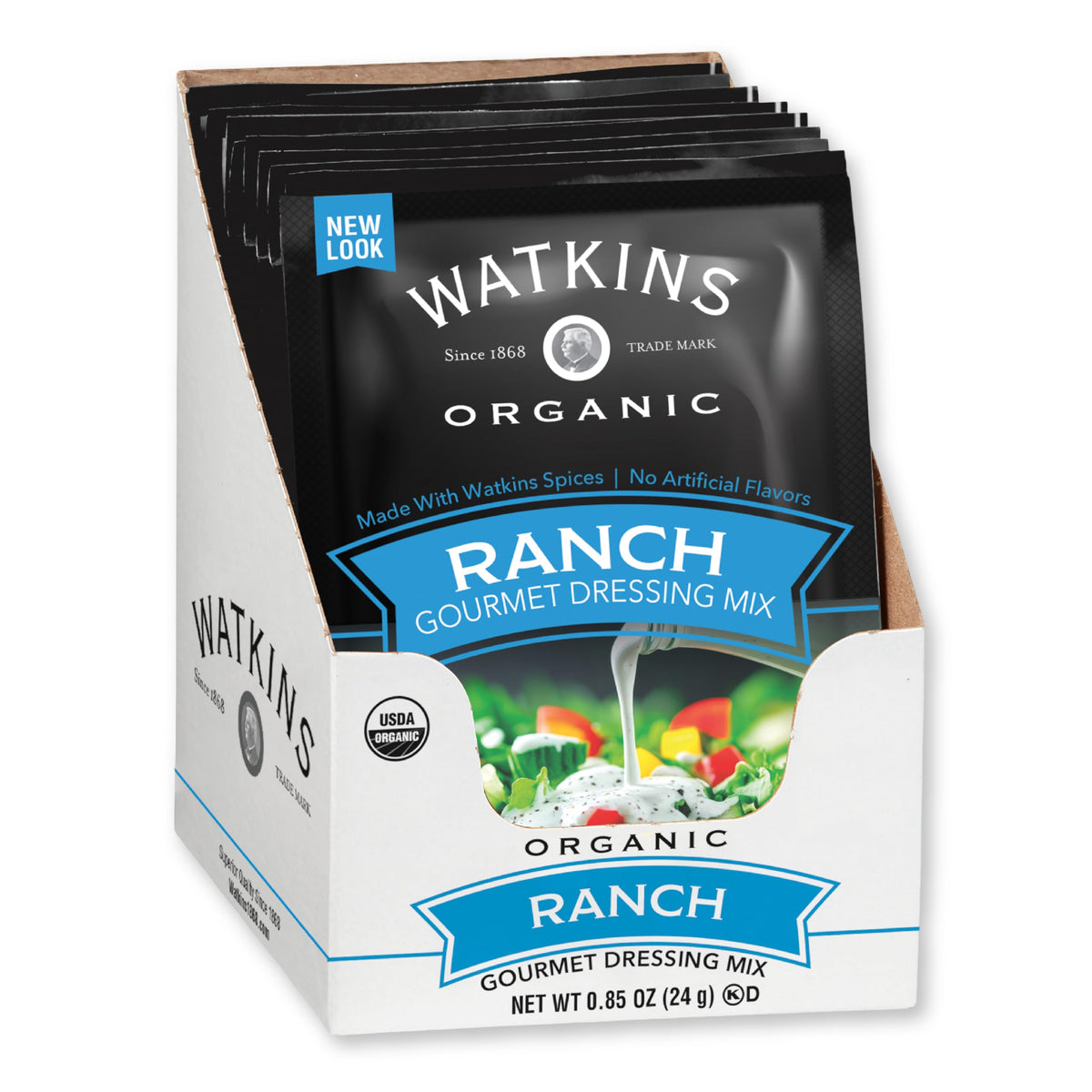 Watkins front packaging showing 12 organic ranch packets and brand trust benefit