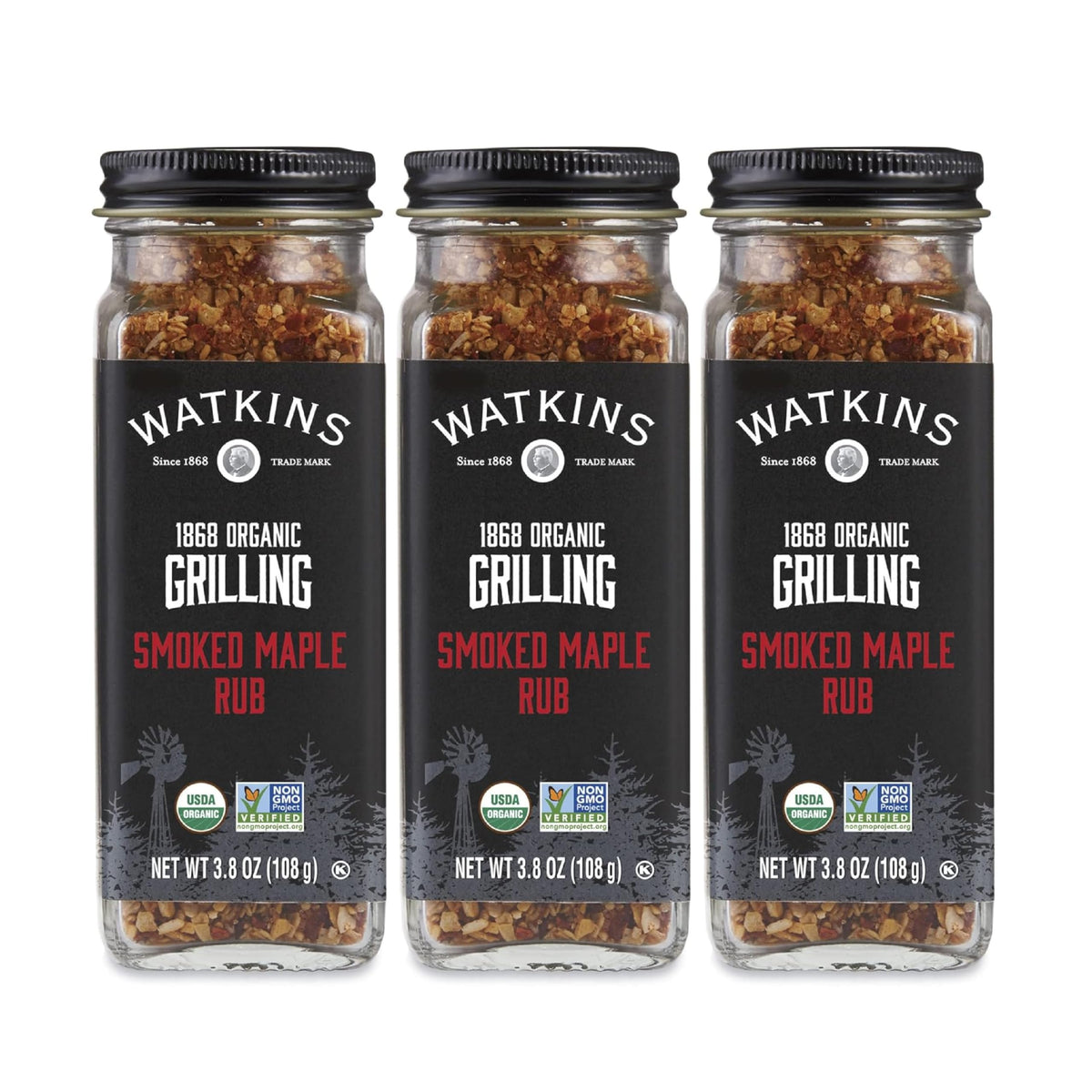 Watkins front packaging showing three glass shakers and organic label benefits