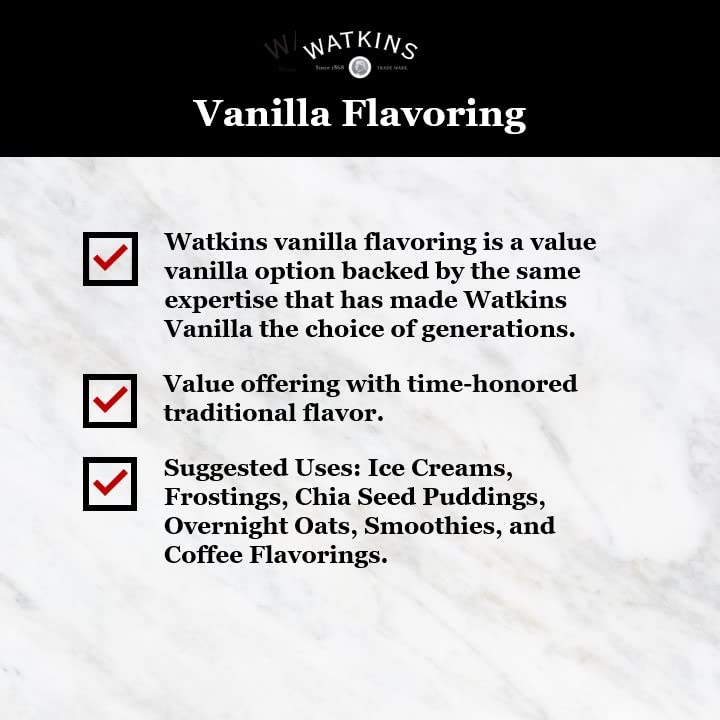 Watkins vanilla bottle on countertop during baking, convenient large supply