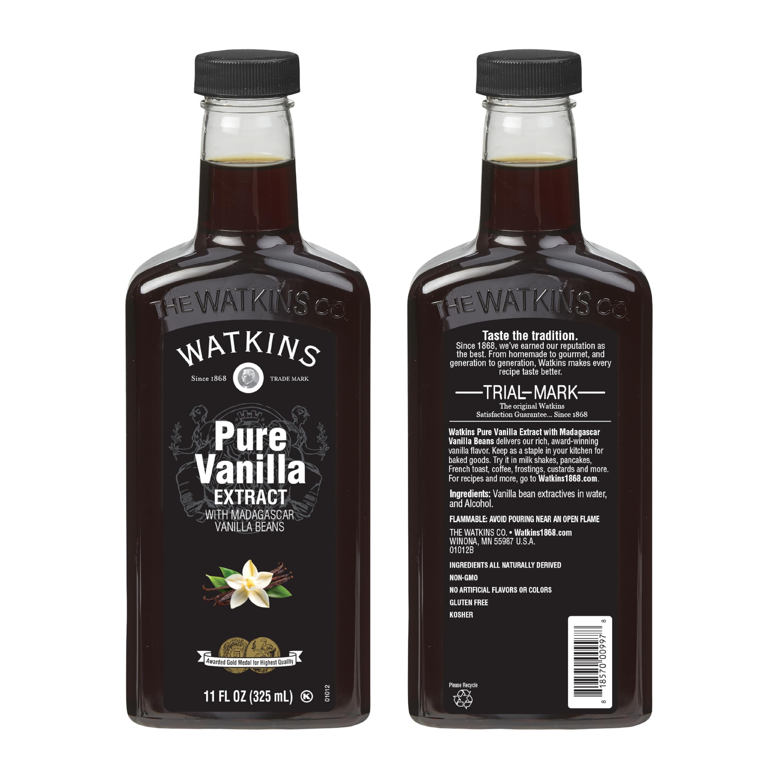 Watkins label close-up highlighting Madagascar bean origin and authenticity