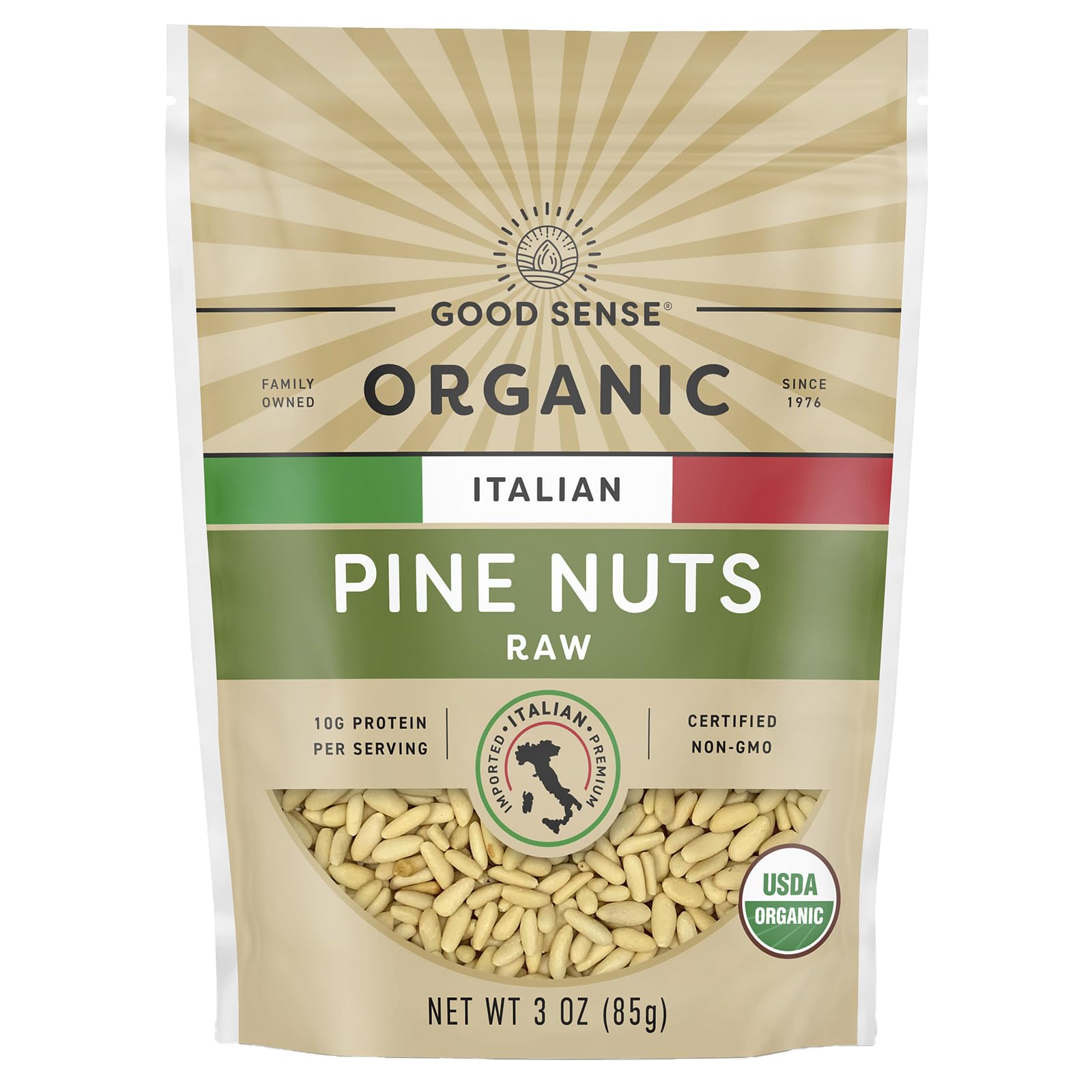 Waymouth Farms package front view highlighting organic Italian pine nuts and freshness