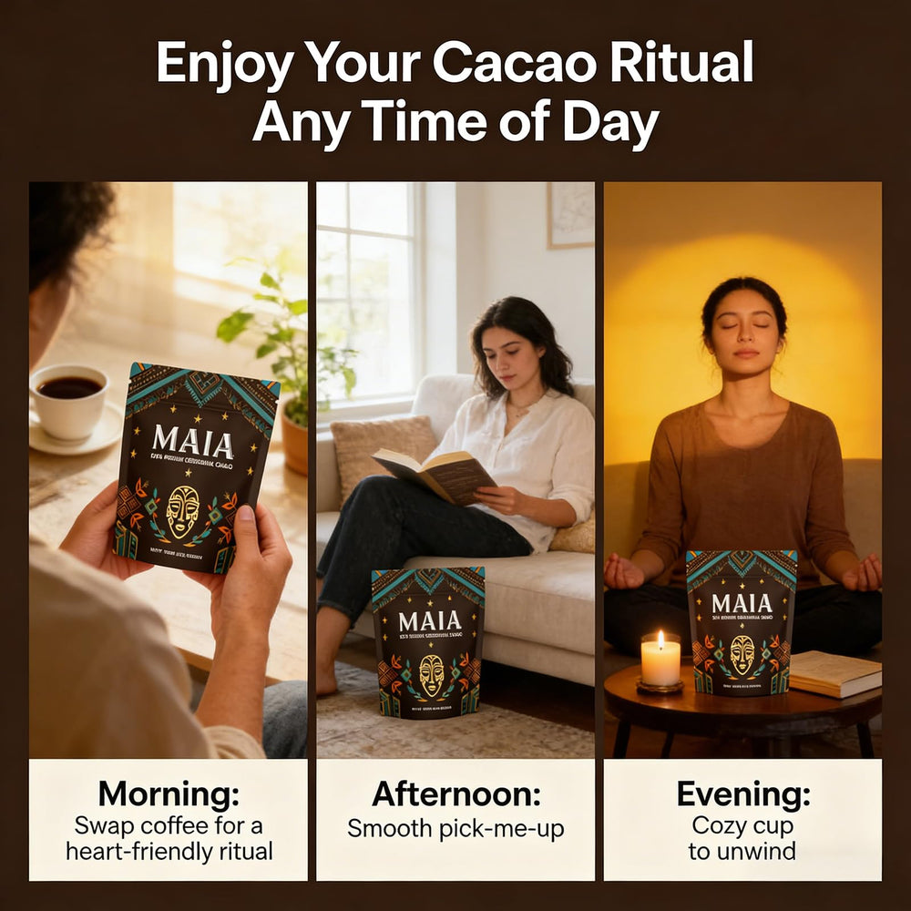 Wdvpue Maia prepared cacao drink in mug demonstrating warm focus boost