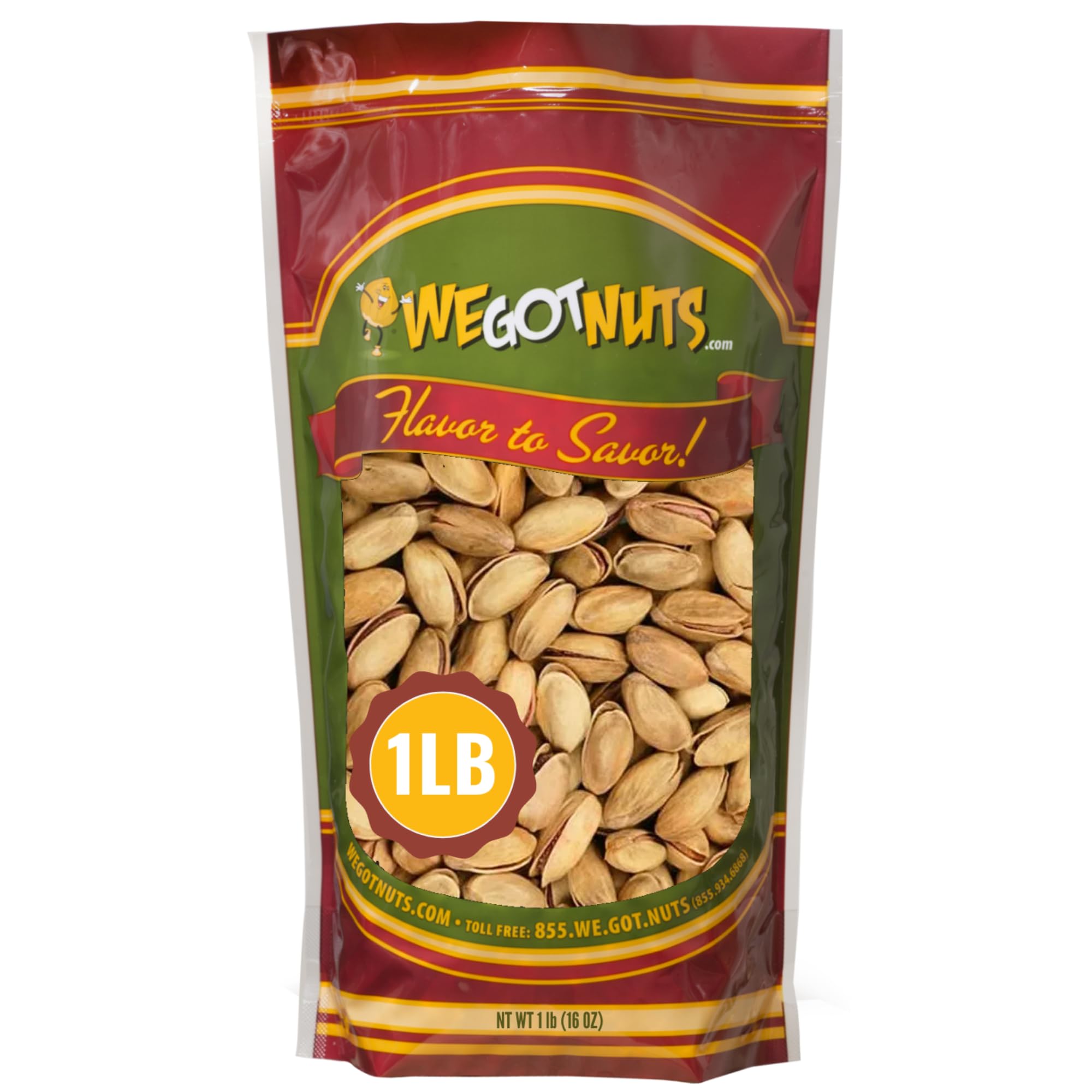 We Got Nuts front packaging of 1 lb Antep roasted salted pistachios showing product and branding freshness