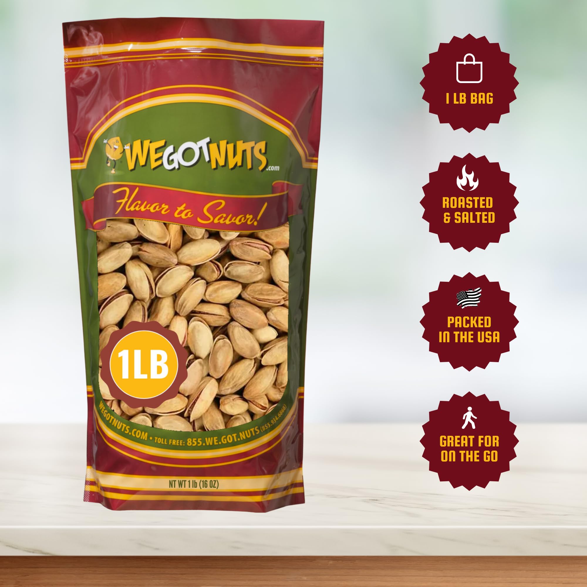 We Got Nuts open resealable pouch with in-shell pistachios and visible kernels ready to snack