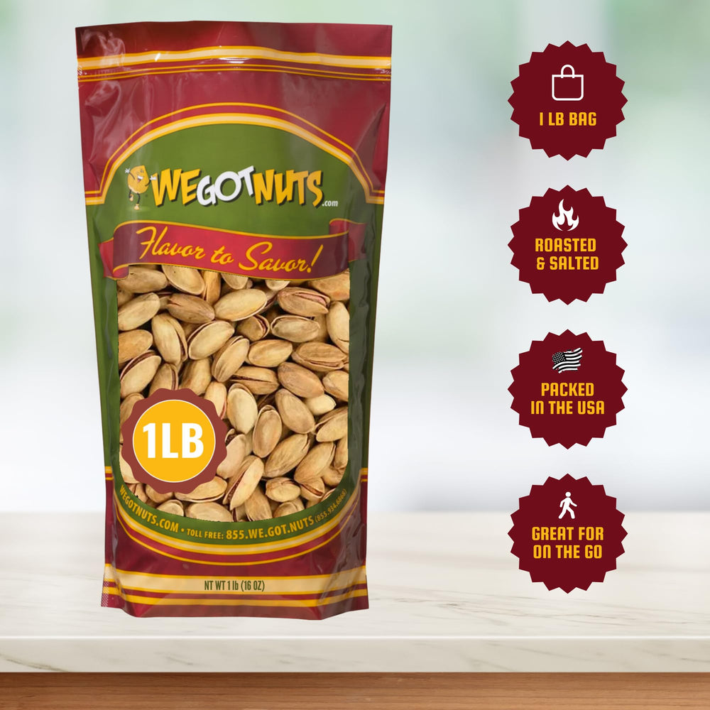 We Got Nuts open resealable pouch with in-shell pistachios and visible kernels ready to snack