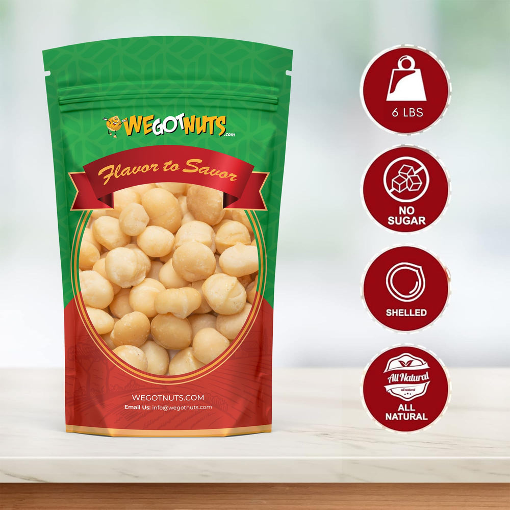 We Got Nuts close-up of shelled macadamias showing buttery texture and crunch