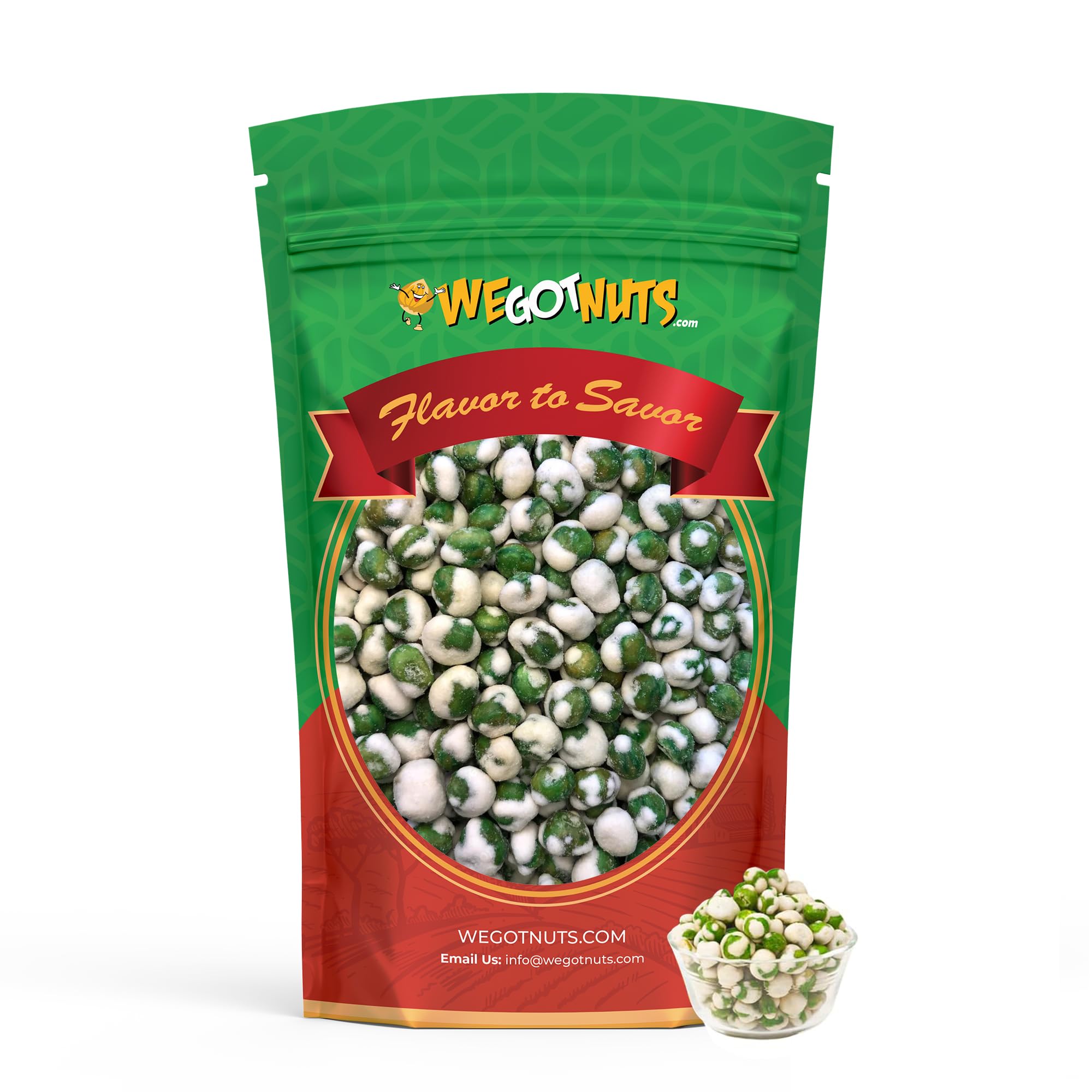 We Got Nuts close-up of seasoned green pea texture highlighting crunchy coating and vibrant seasoning