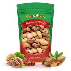 We Got Nuts front packaging of 3 lb deluxe mixed in-shell nuts showing brand and size benefits