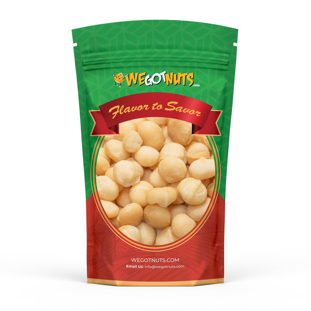 We Got Nuts front pouch showing 2 lb bag and branding, highlights freshness