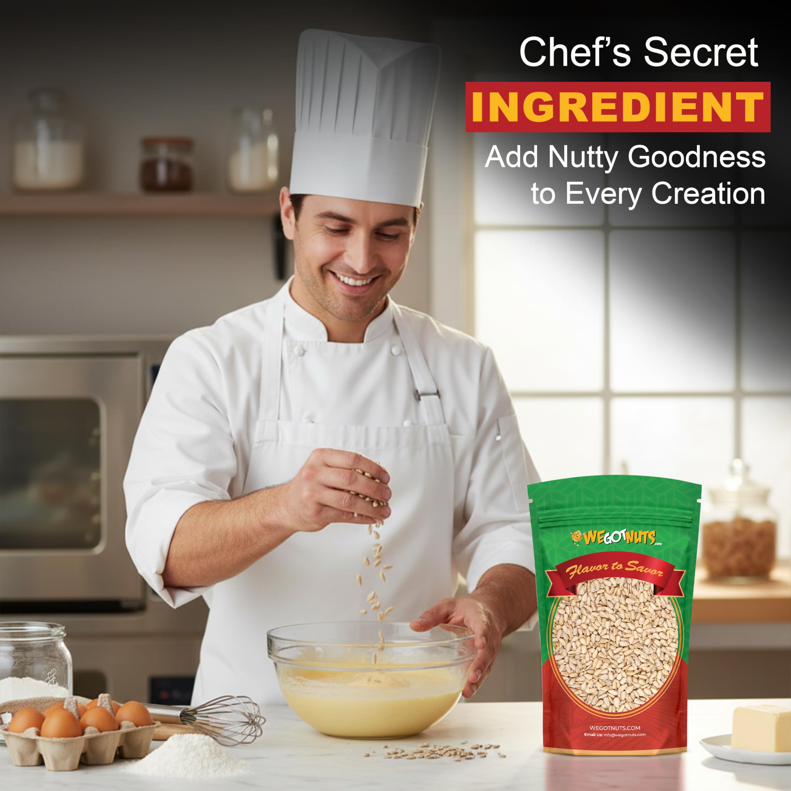 We Got Nuts kernels in spoon and bowl ready for cooking and baking ease