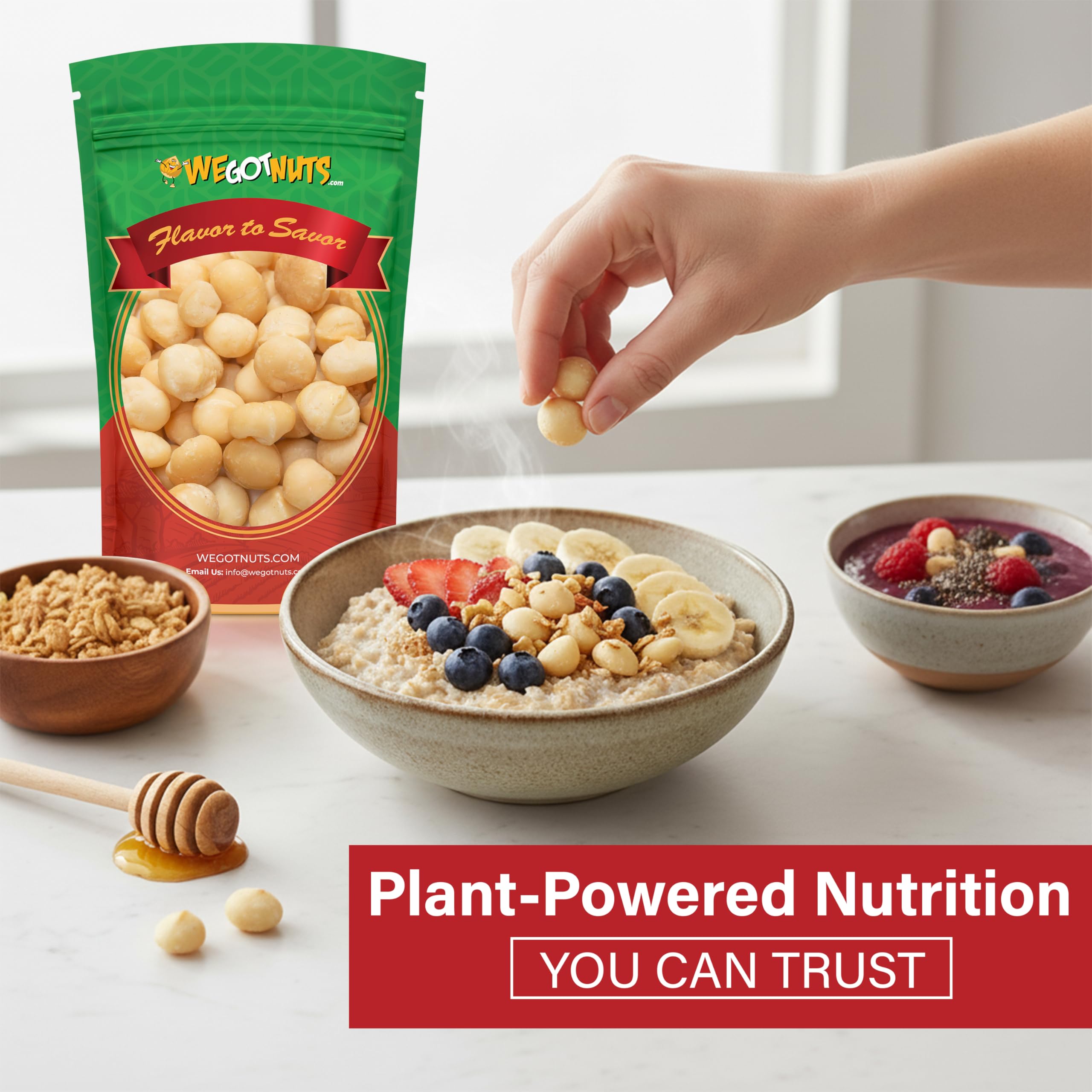 We Got Nuts macadamias in a ceramic bowl showing ready-to-eat convenience benefit