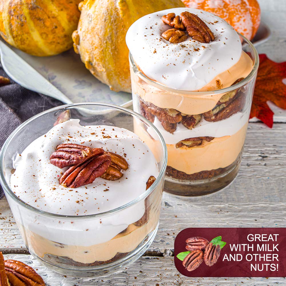 We Got Nuts pecans beside measuring cup showing quantity and portioning ease