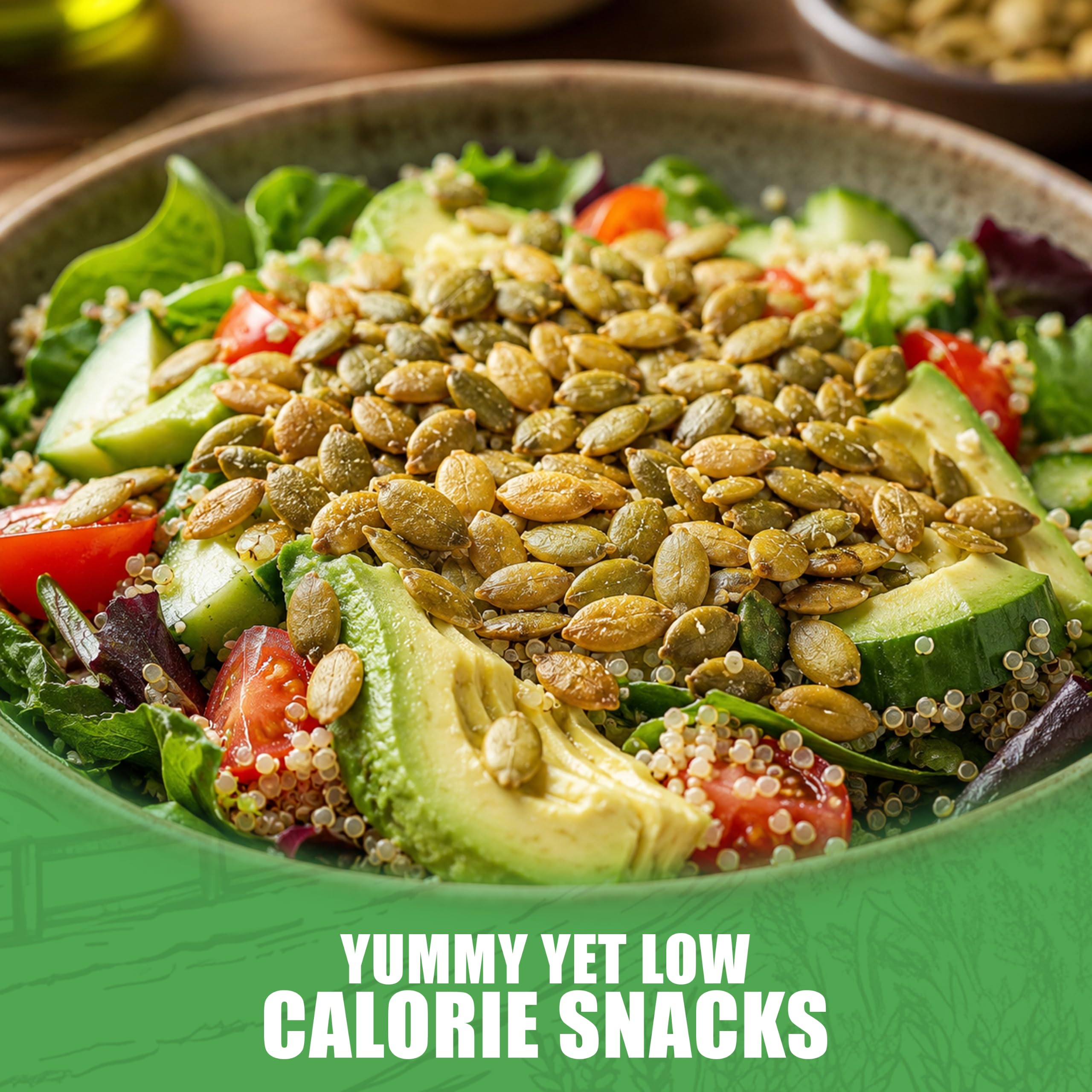We Got Nuts pumpkin seeds sprinkled on a salad adding crisp texture and savory flavor