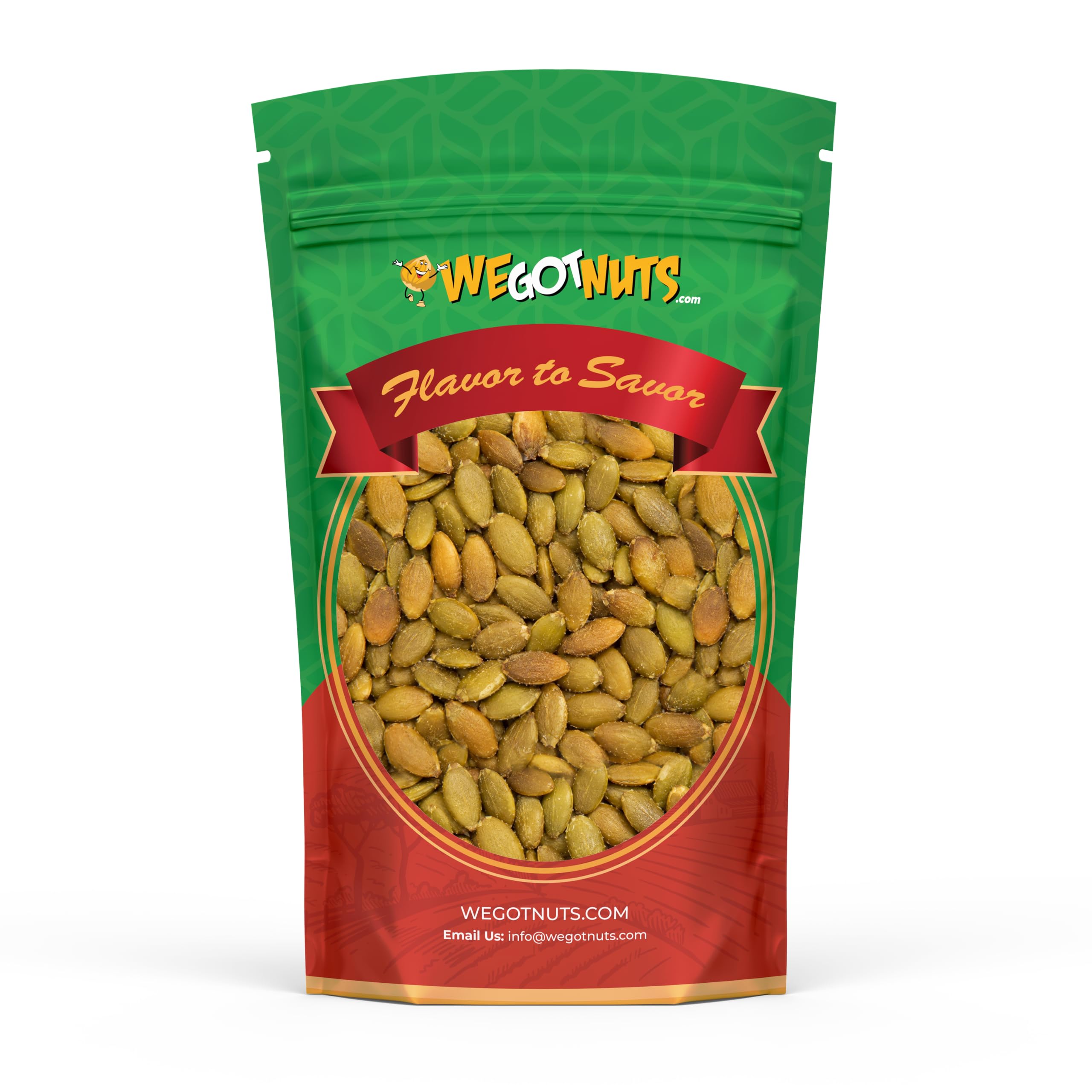 We Got Nuts front packaging of 2 lb roasted salted pumpkin seeds showing bag design and weight