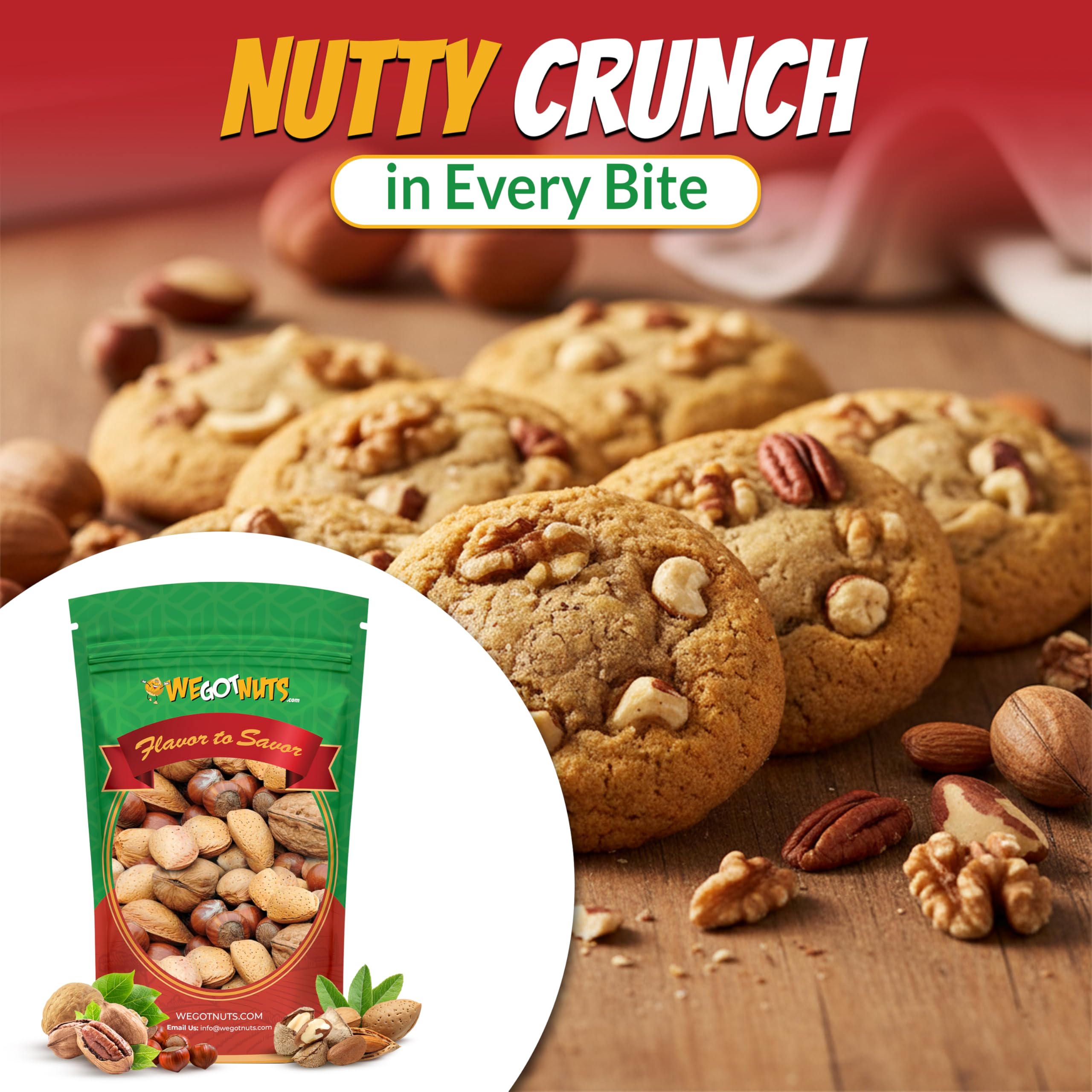 We Got Nuts beside a measuring cup showing 5 lb scale and portions