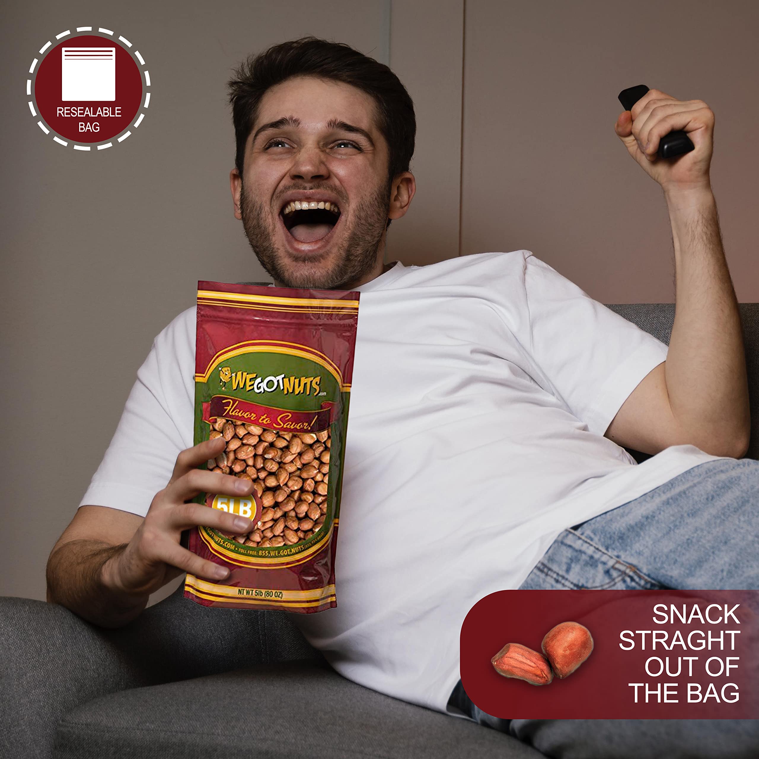 We Got Nuts bag next to common objects for clear size and bulk comparison