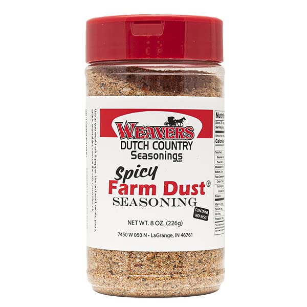 Weaver’s Spicy Farm Dust front label shows jar and brand, highlighting savory flavor