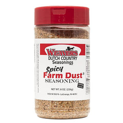 Weaver’s Spicy Farm Dust front label shows jar and brand, highlighting savory flavor
